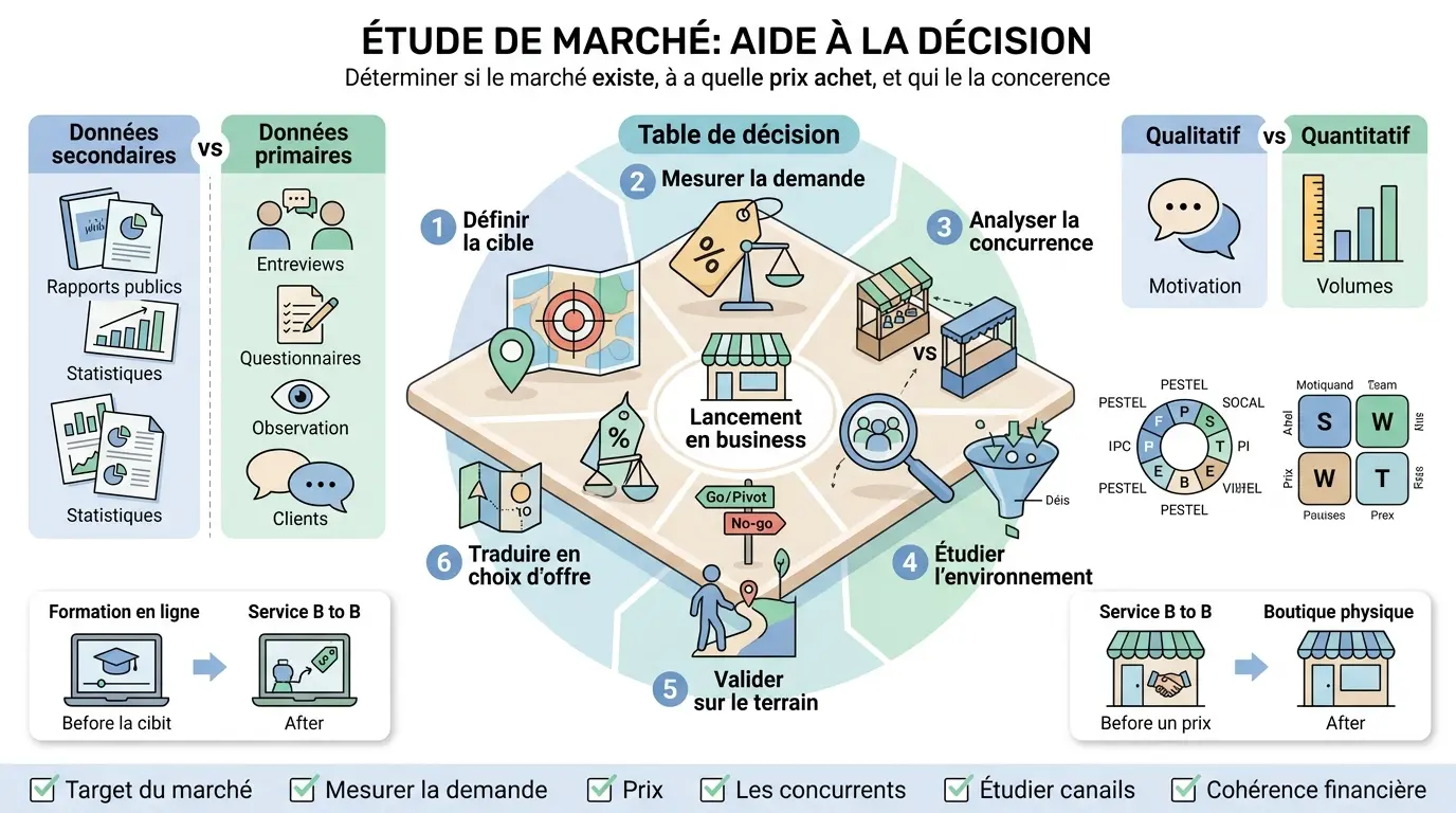 Infographie éducative sur exemple de etude de marché, présentant une checklist décisionnelle avec analyses et comparaisons visuelles.