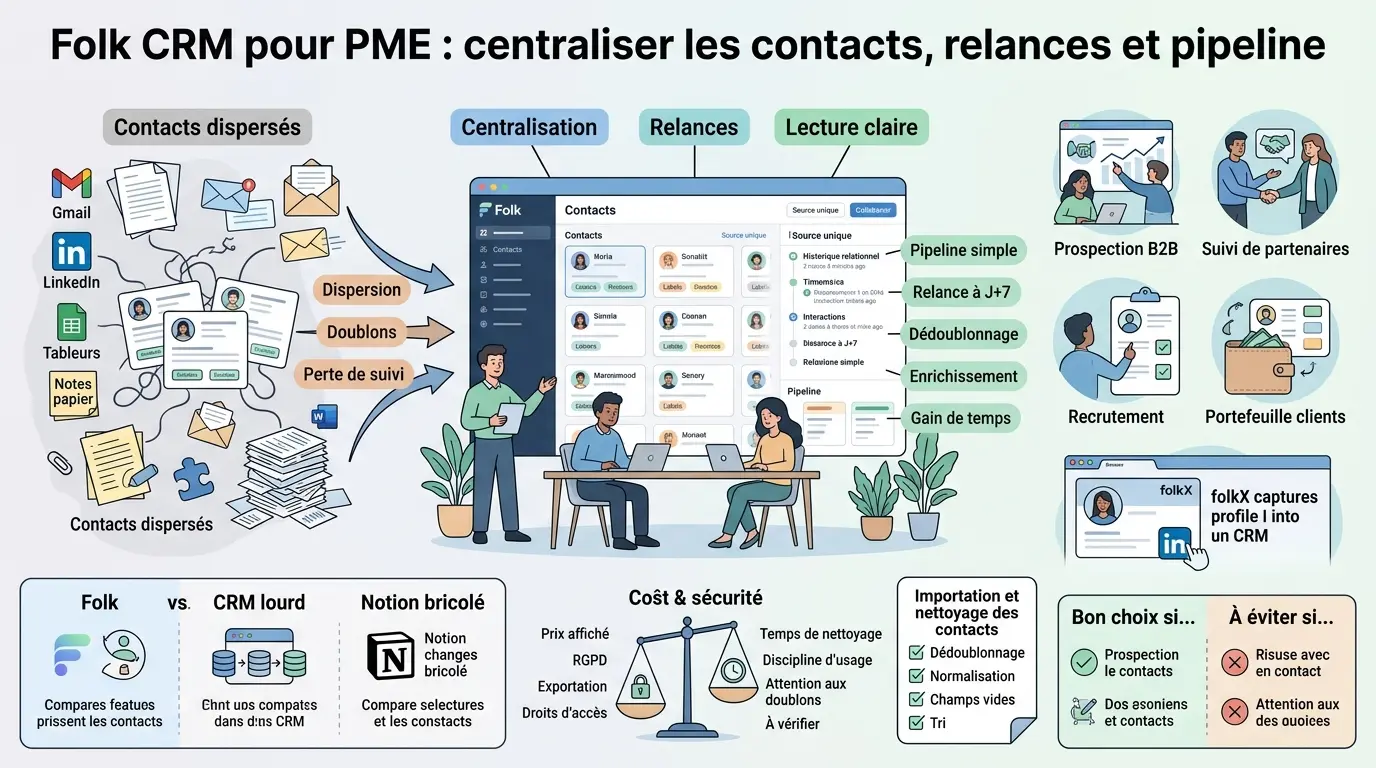 Infographie éducative sur folk crm pour PME, illustrant la centralisation des contacts et la gestion efficace des relances.