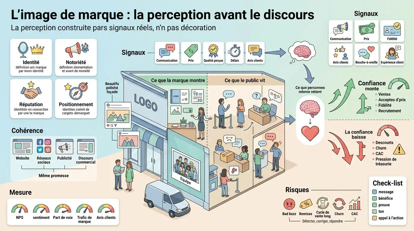 Infographie éducative sur l'image de la marque, illustrant la perception construite par des signaux réels et la cohérence des expériences.