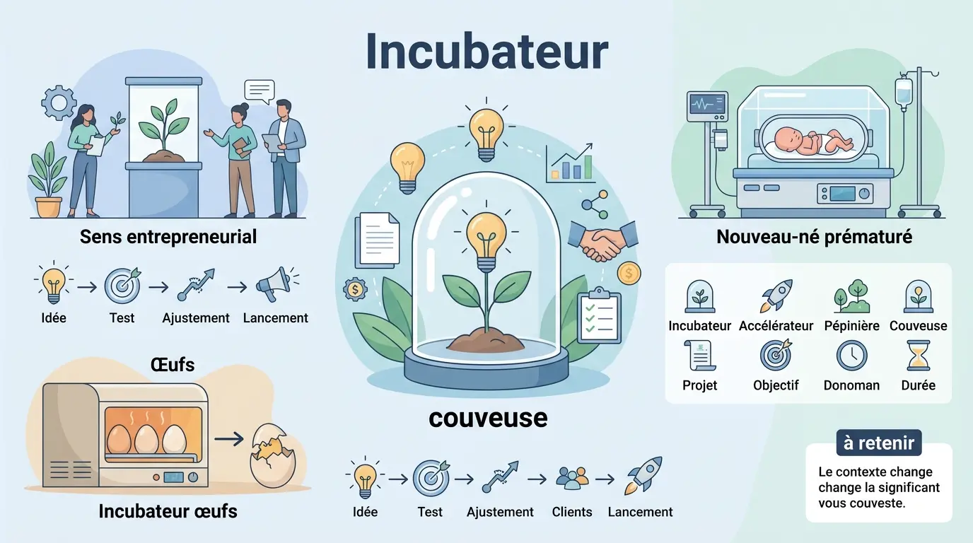 Infographie éducative illustrant le concept d'incubateur def avec des métaphores visuelles sur l'entrepreneuriat, la médecine et l'élevage.