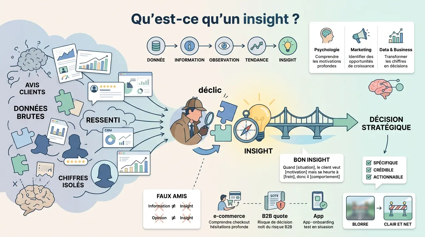 Infographie éducative illustrant la définition des insights avec métaphores visuelles, diagrammes et éléments explicatifs.