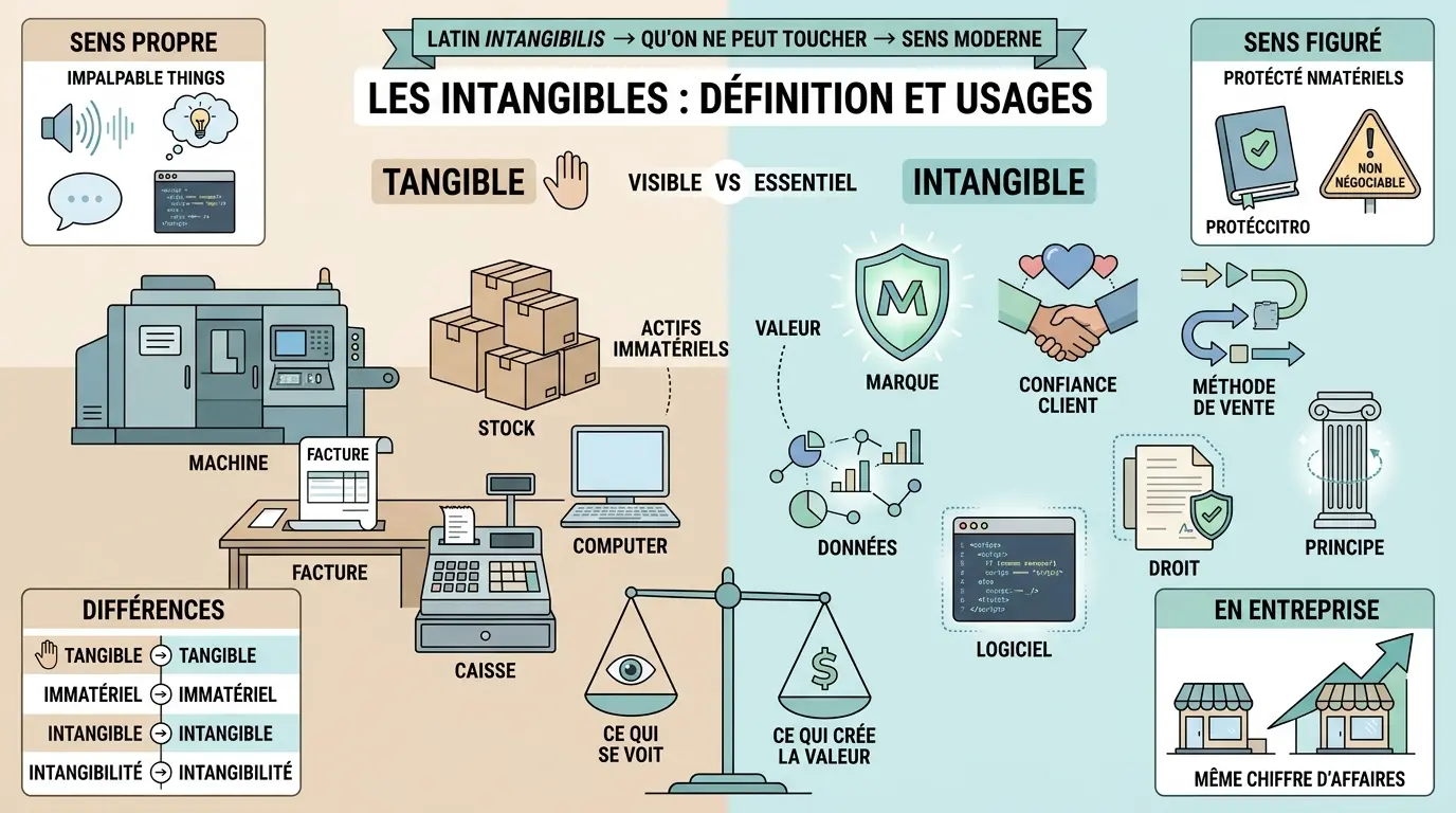 Infographie éducative sur les intangibles définition, contrastant objets tangibles et éléments intangibles avec des métaphores visuelles.