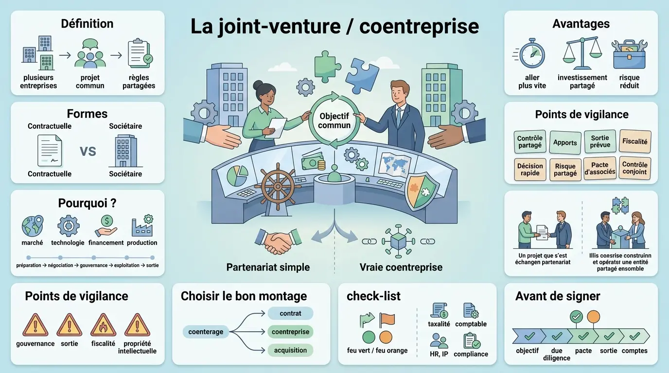 Infographie éducative sur les joint-ventures, illustrant la collaboration entre deux entreprises autour d'un projet commun.
