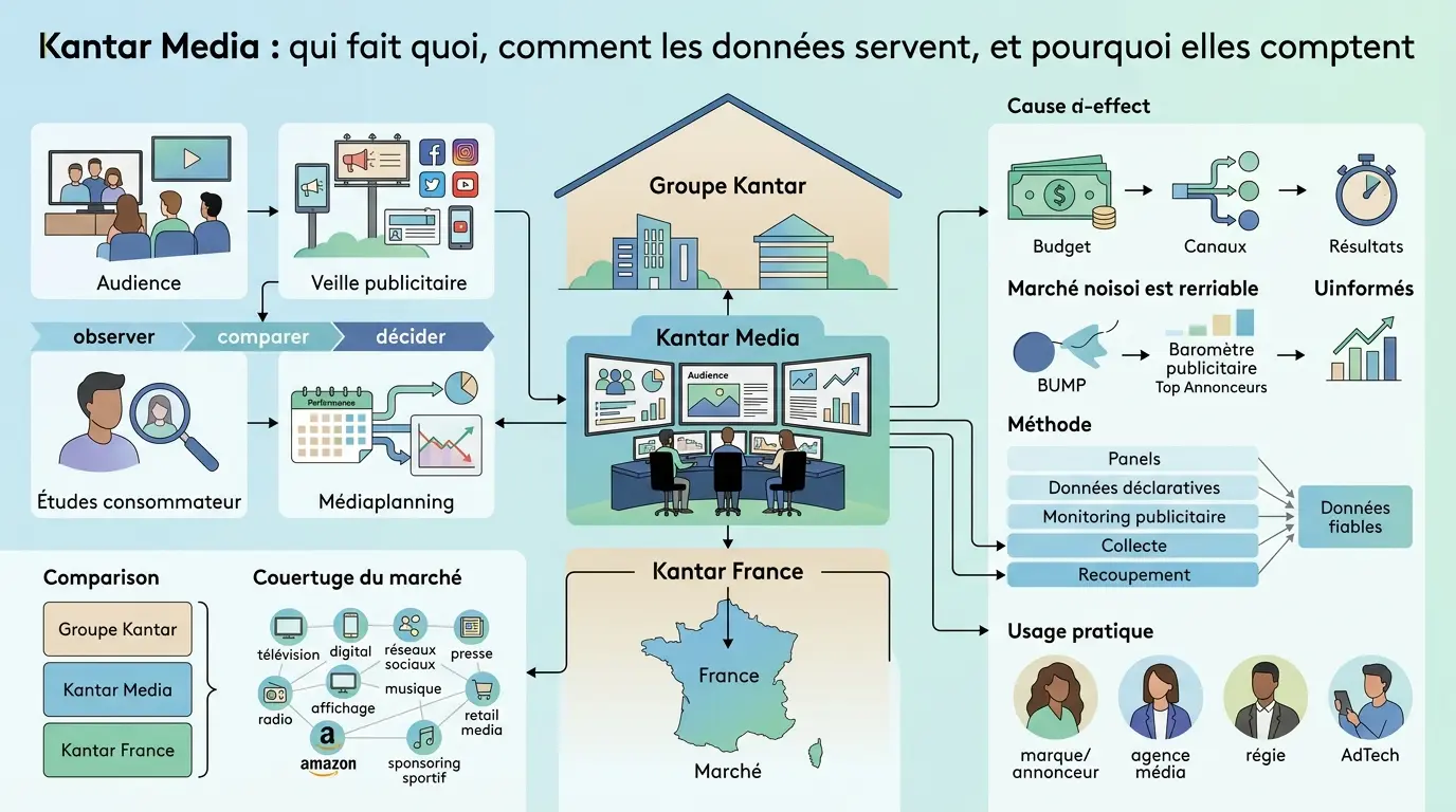 Infographie éducative sur la kantar media company, illustrant l'écosystème de mesure des médias et l'utilisation des données.