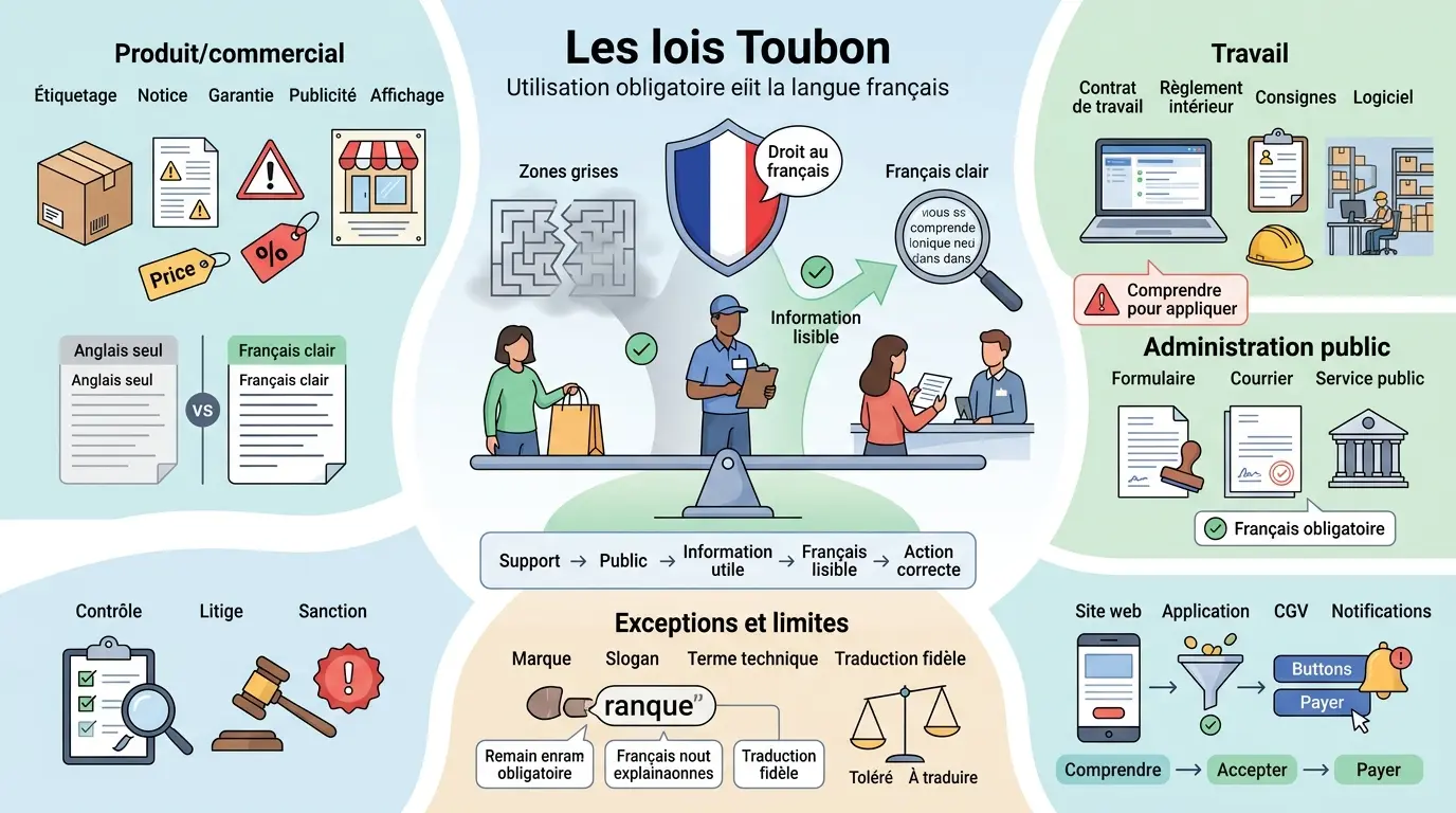 Infographie sur les lois toubon illustrant l'importance du français dans la vie publique, le travail et le numérique.