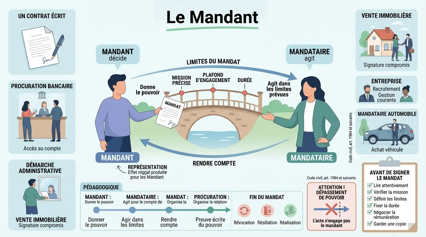 Infographie éducative illustrant la mandant définition, montrant la relation entre mandant et mandataire avec des exemples visuels et des limites de pouvoir.