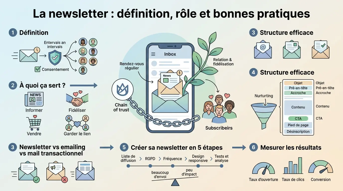 Infographie moderne sur la newsletter def, illustrant définition, rôle, bonnes pratiques et mesures de résultats.