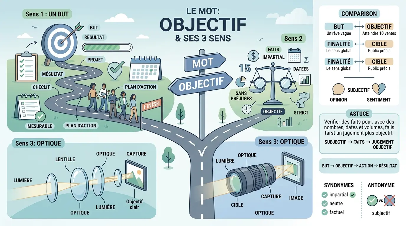 Infographie éducative illustrant l'objectif définition avec trois sens : projet, adjectif, optique, et comparaisons visuelles.