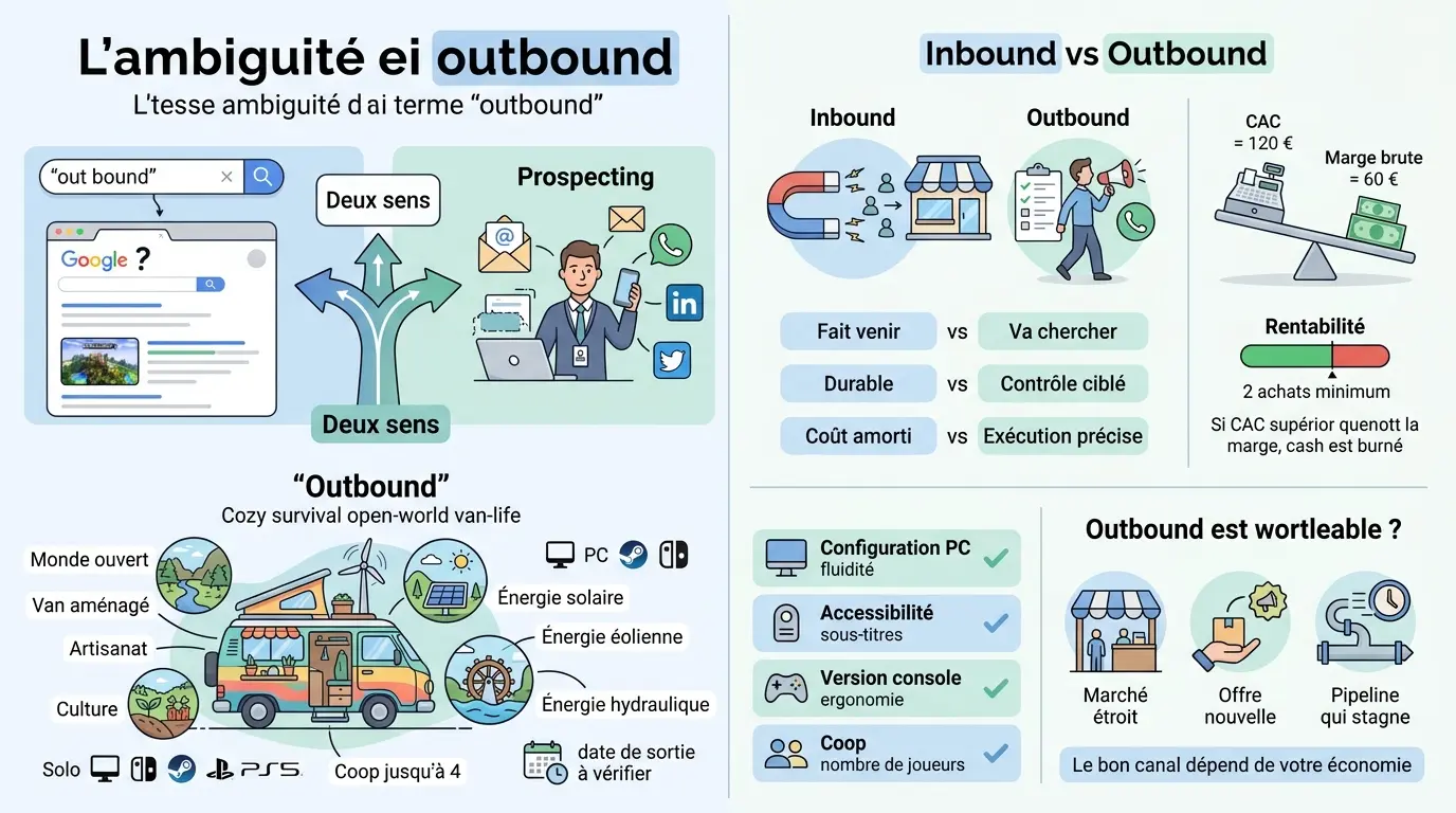 Infographie éducative sur out bound, illustrant les deux sens : le jeu vidéo et le marketing, avec des comparaisons visuelles.