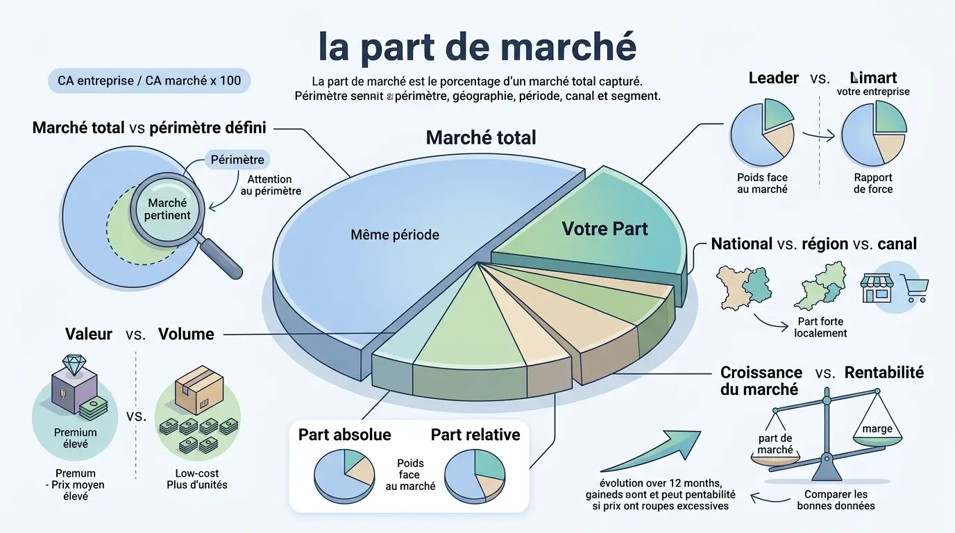 Infographie éducative illustrant la part marché avec un graphique circulaire, zones concurrentielles et comparaisons visuelles.