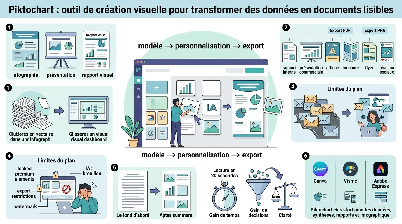 Infographie moderne sur picktochart, illustrant la création d'infographies et rapports visuels avec des éléments explicatifs.