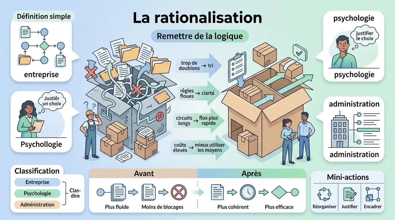 Infographie moderne sur la rationalisation définition, illustrant un système encombré réorganisé en flux efficace.