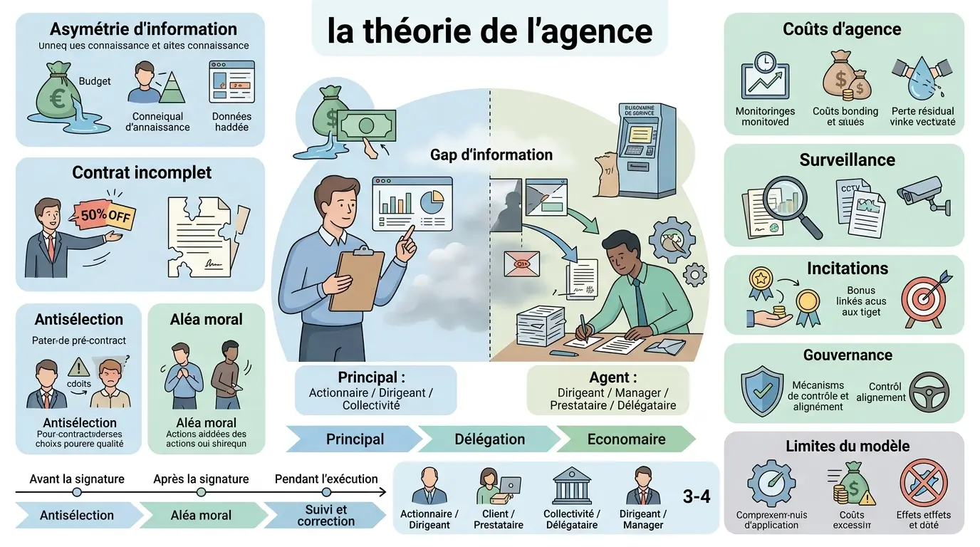 Infographie éducative sur la théorie de l'agence, illustrant la relation principal-agent et ses concepts clés.