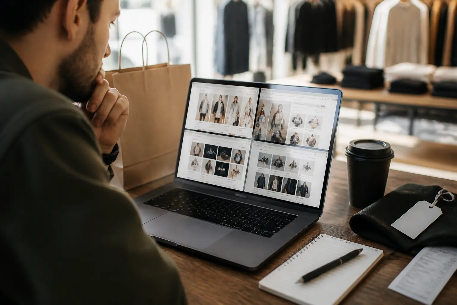 Personne à un bureau comparant des résultats de recherche sur "100 marques" avec un café, un carnet, et des indices de shopping.