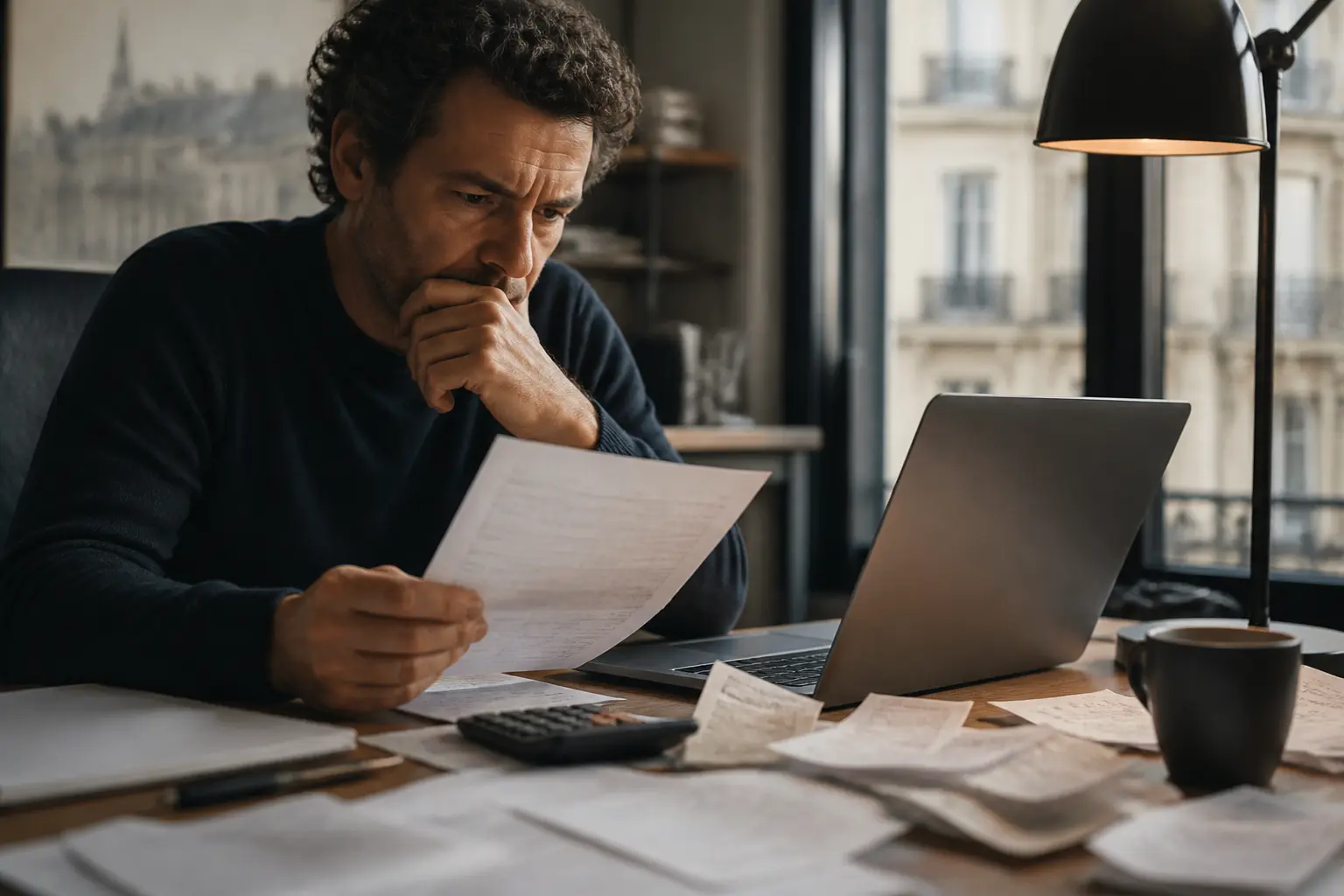 Dirigeant français examinant relevé bancaire et ordinateur, agios, reçus épars et calculatrice sur bureau chaud.