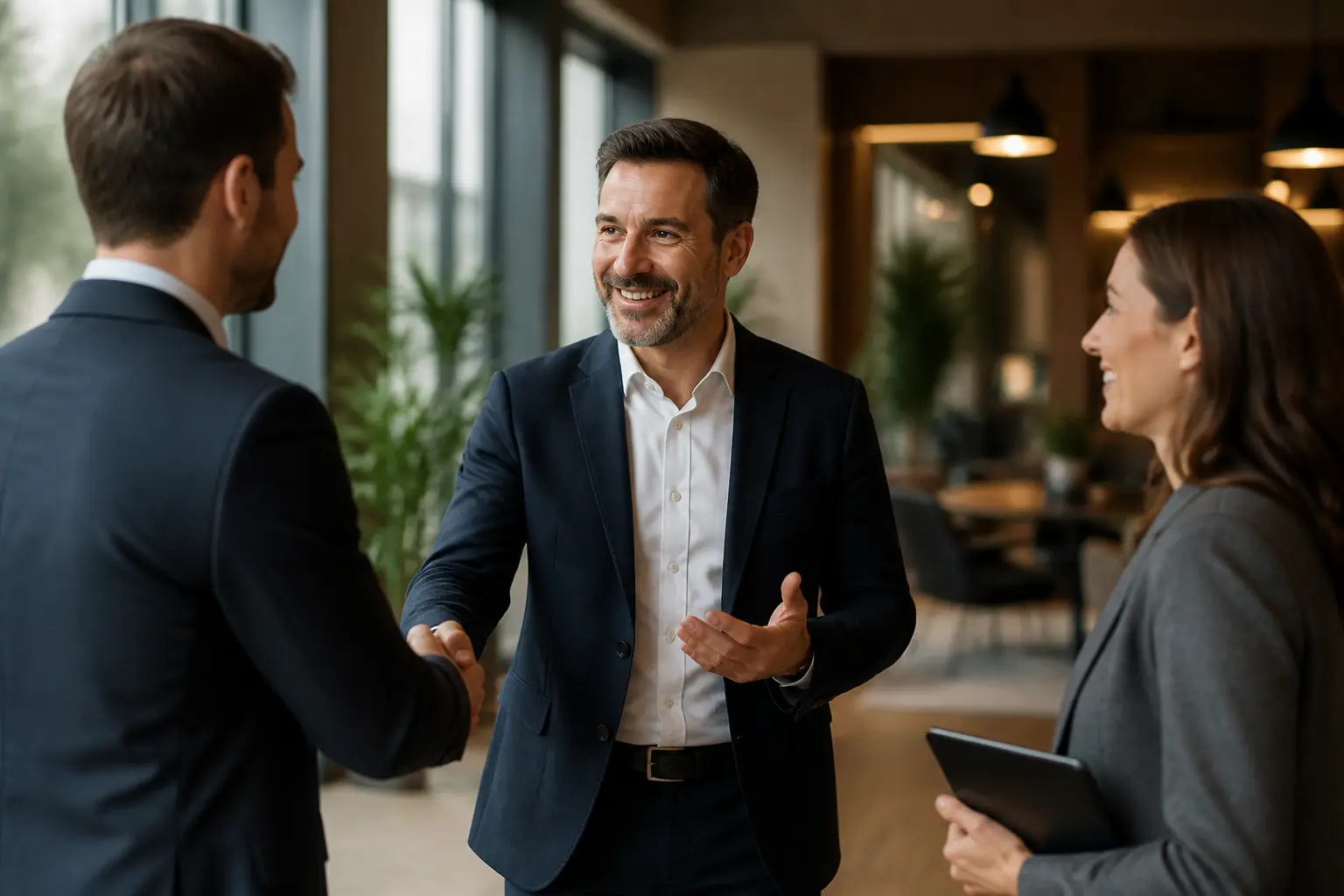 Apporteur d'affaires en réunion B2B, entre un commercial et un client, dans un bureau moderne et chaleureux.