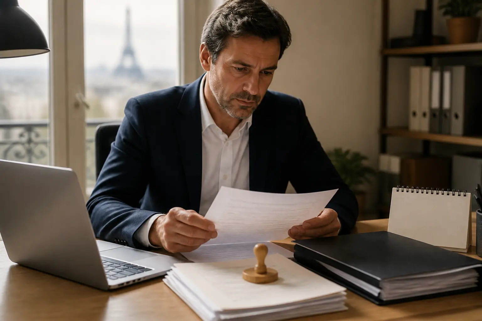 Professionnel vérifiant une attestation de vigilance et des documents fournisseurs sur un bureau avec ordinateur portable