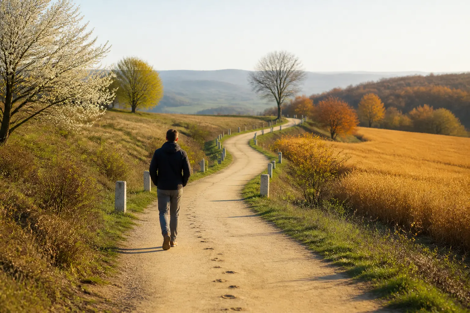 Calme chemin sinueux dans la campagne française, une personne marche vers l'horizon, symbolisant le cycle long en btob btoc.