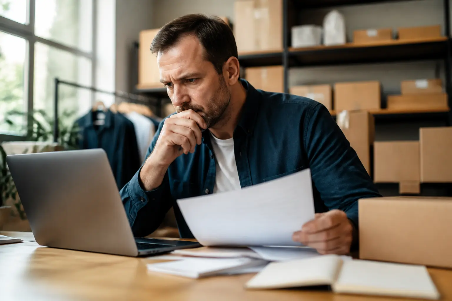 Calcul bfr : dirigeant en bureau moderne analysant ordinateur, factures et stock, tension de trésorerie visible