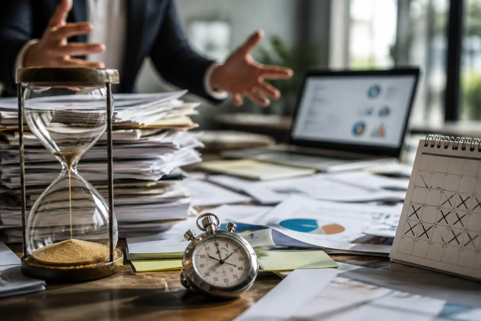 Bureau moderne avec un tableau de pipeline de ventes, montre et sablier, illustrant la gestion des campagnes sea.