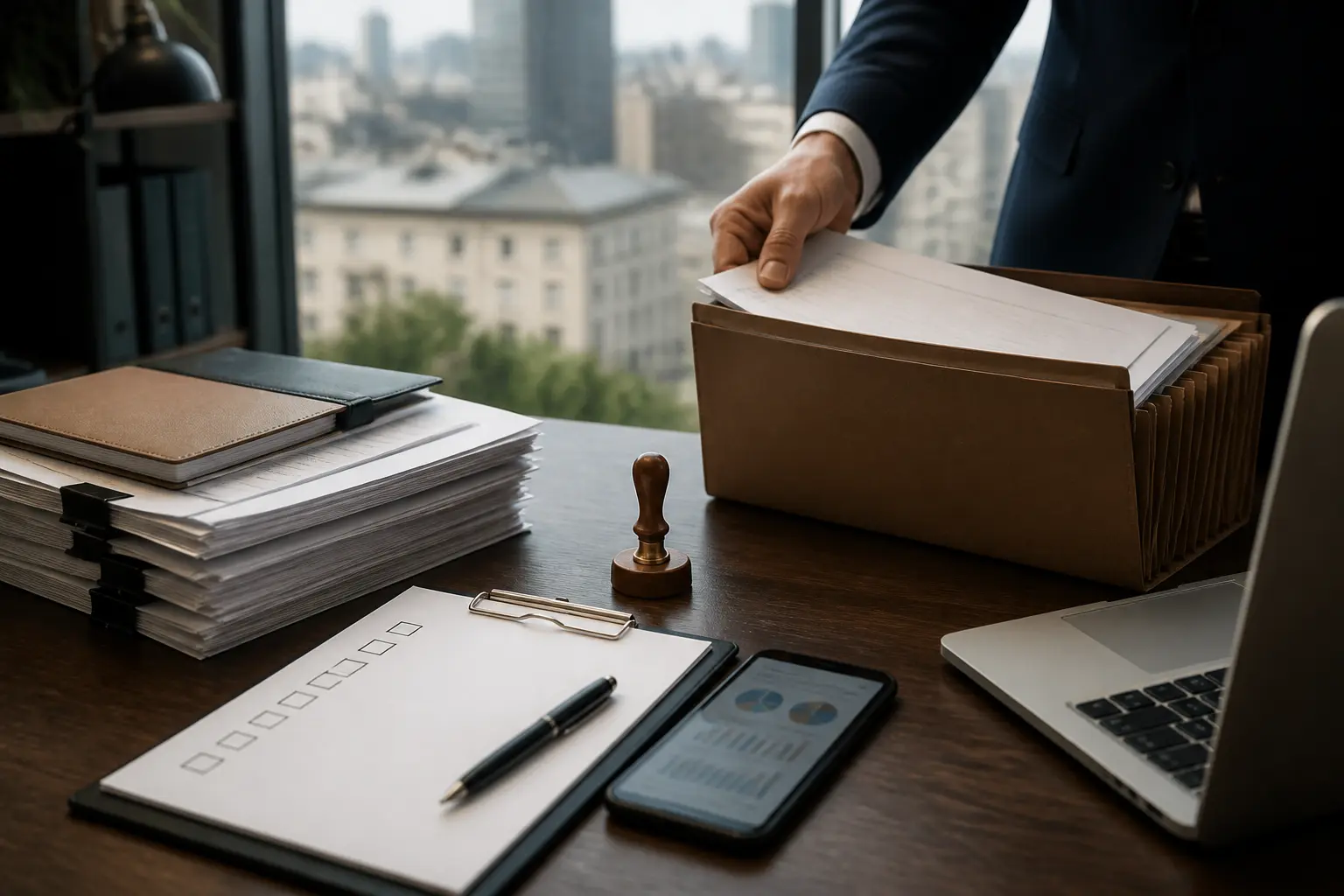 Bureau moderne avec documents, validation rapide, et éléments de gouvernance pour canal plus brand solutions.