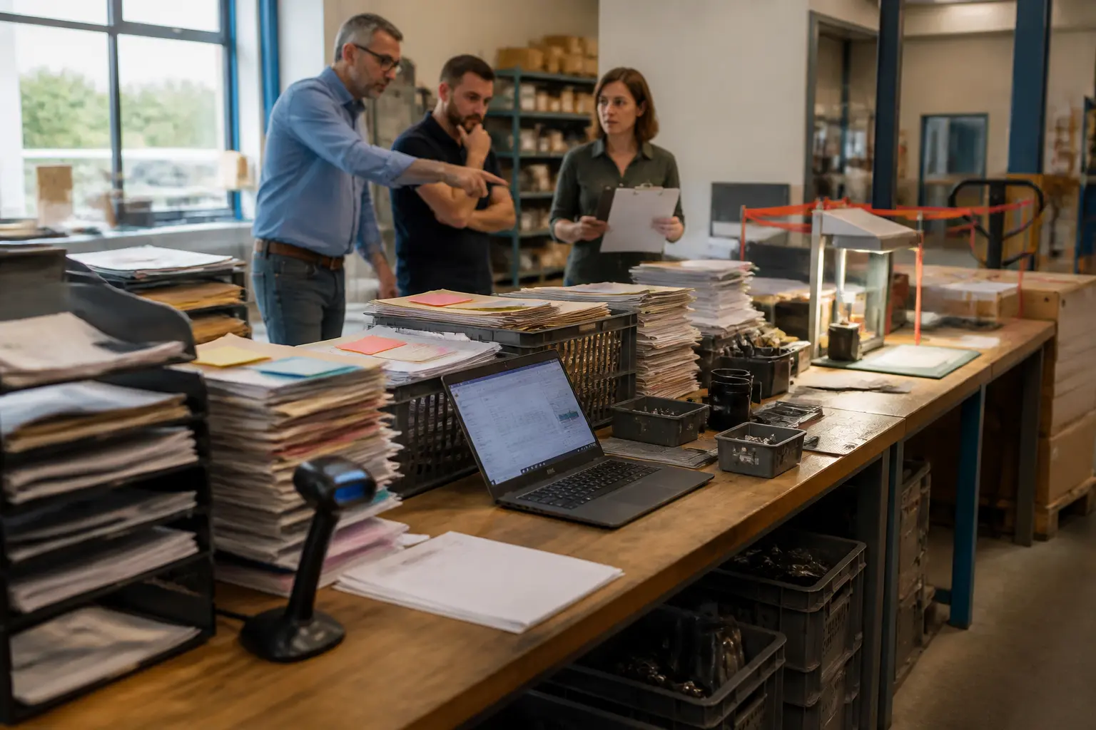 Atelier d'une PME illustrant la cartographie flux avec stations de travail, files d'attente et ambiance d'urgence.