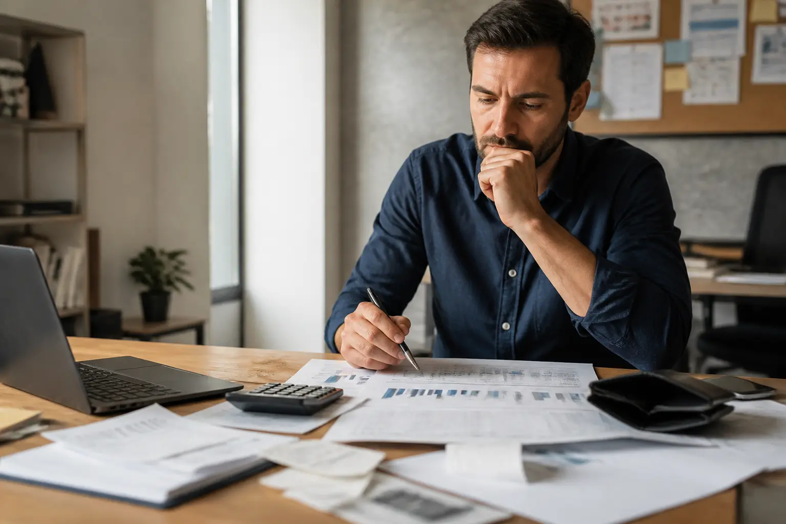Entrepreneur en PME analysant le cash flow avec factures, relevés bancaires et calculatrice au bureau