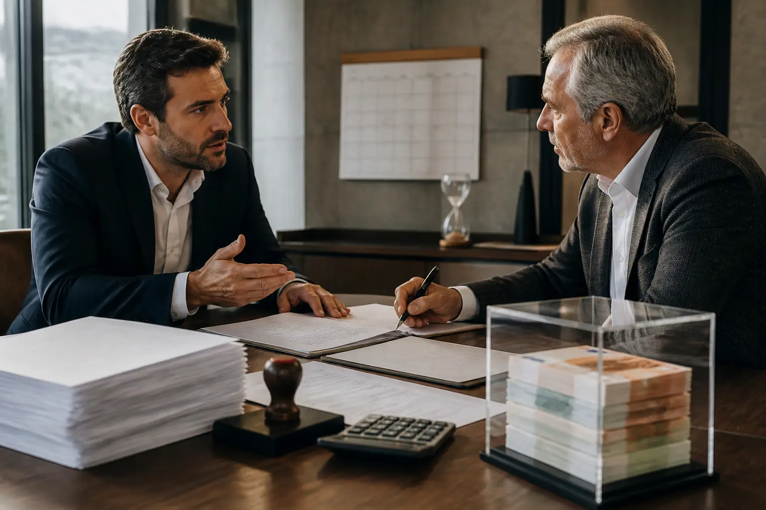 Négociation de contrat ccag 2021 entre un propriétaire de projet et un entrepreneur dans une salle moderne, ambiance sérieuse.