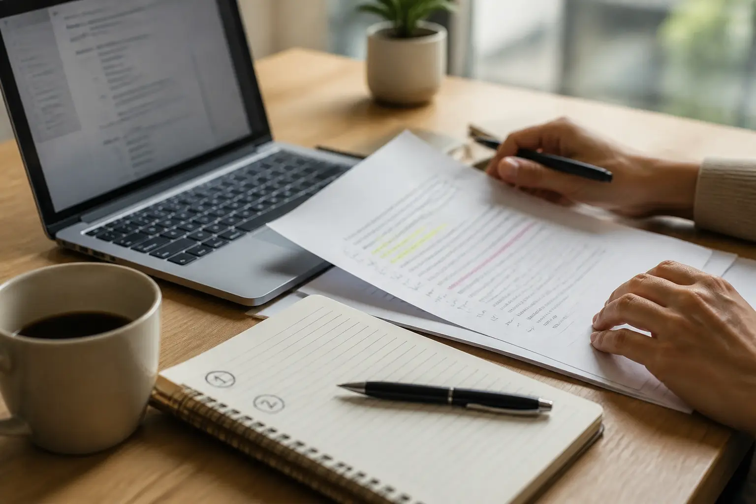 Espace de travail professionnel avec un ordinateur, notes et questions pour la cheffe de groupe en pleine réécriture d'article.