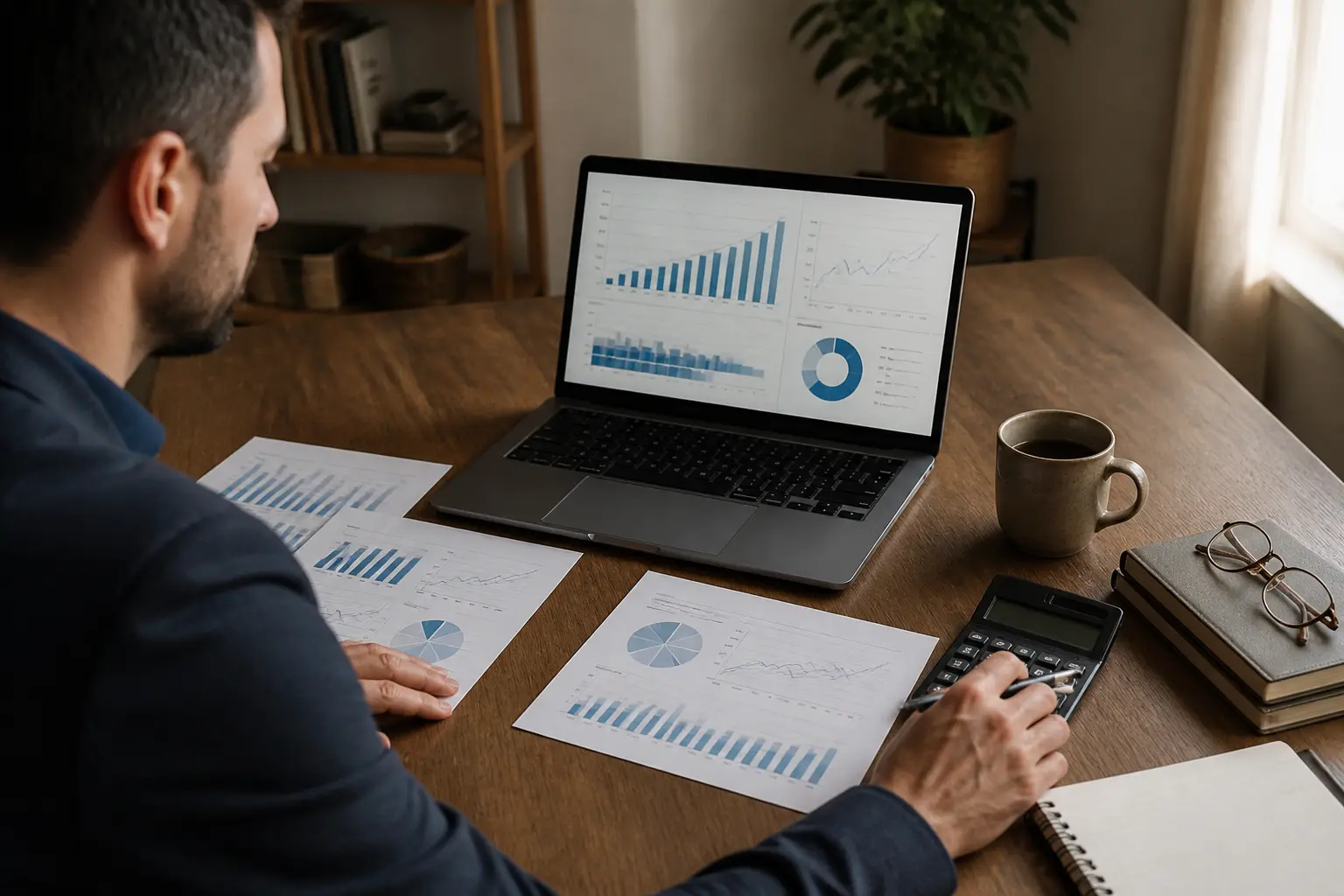 Entrepreneur analysant le chiffre d affaire sur un dashboard financier, rapports et calculatrice sur bureau élégant