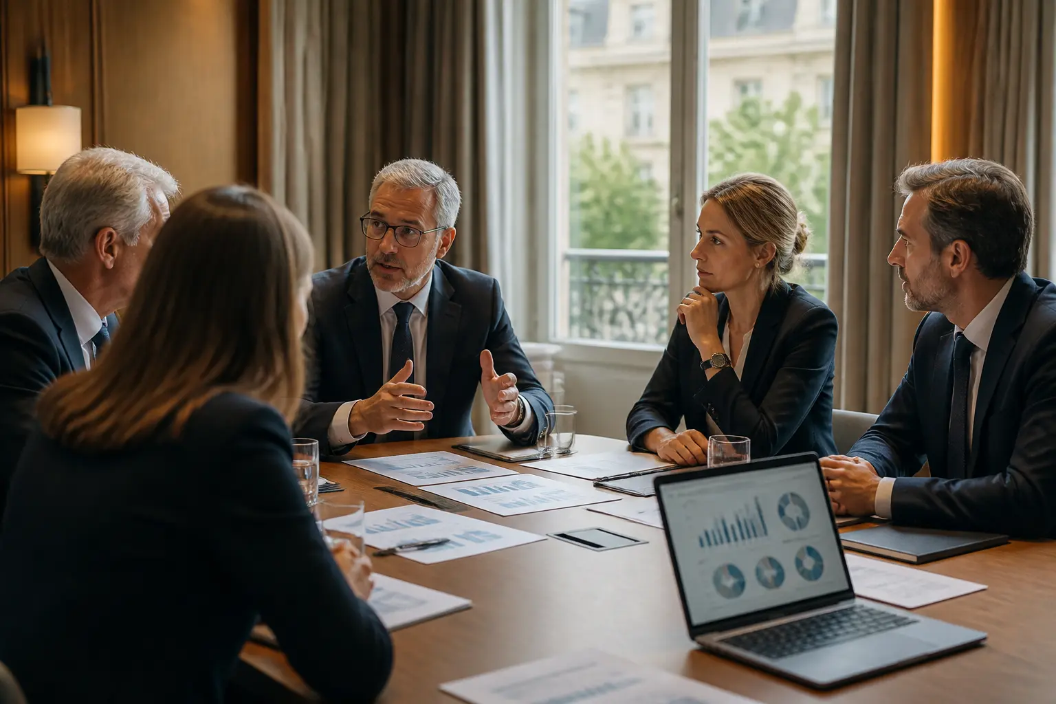 Réunion codir dans un bureau français moderne, dirigeants autour d’une table, graphiques et ordinateur, décision stratégique.