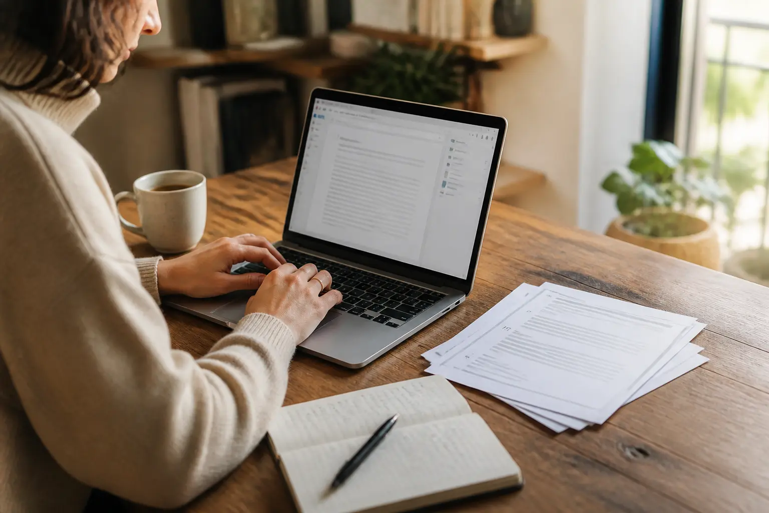Blogger français réécrivant un article sur un laptop, avec un exemple de communiqué de presse en arrière-plan.