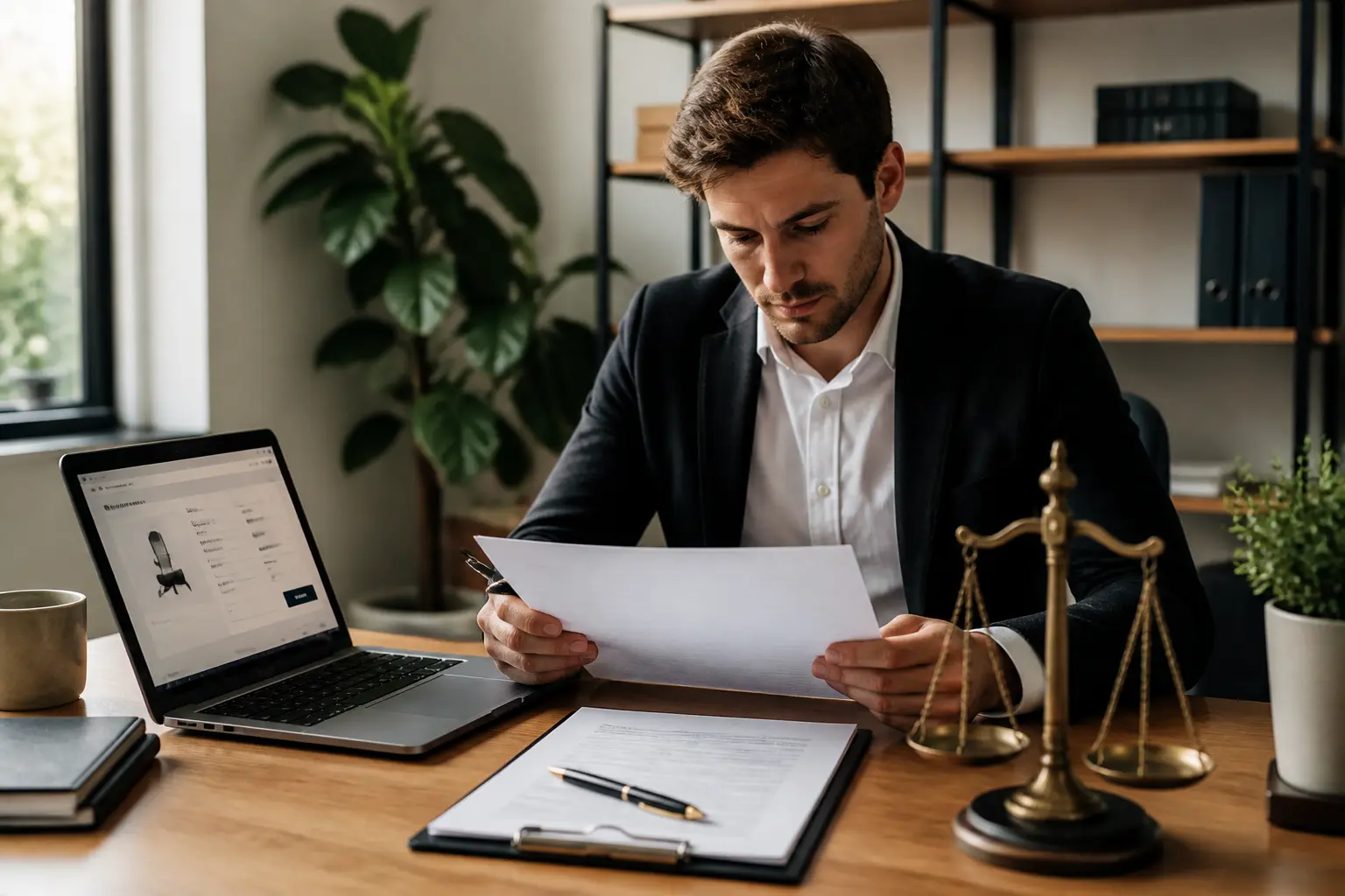 Bureau d’entreprise avec contrat, ordinateur e-commerce et balance, illustrant les conditions générales de vente.