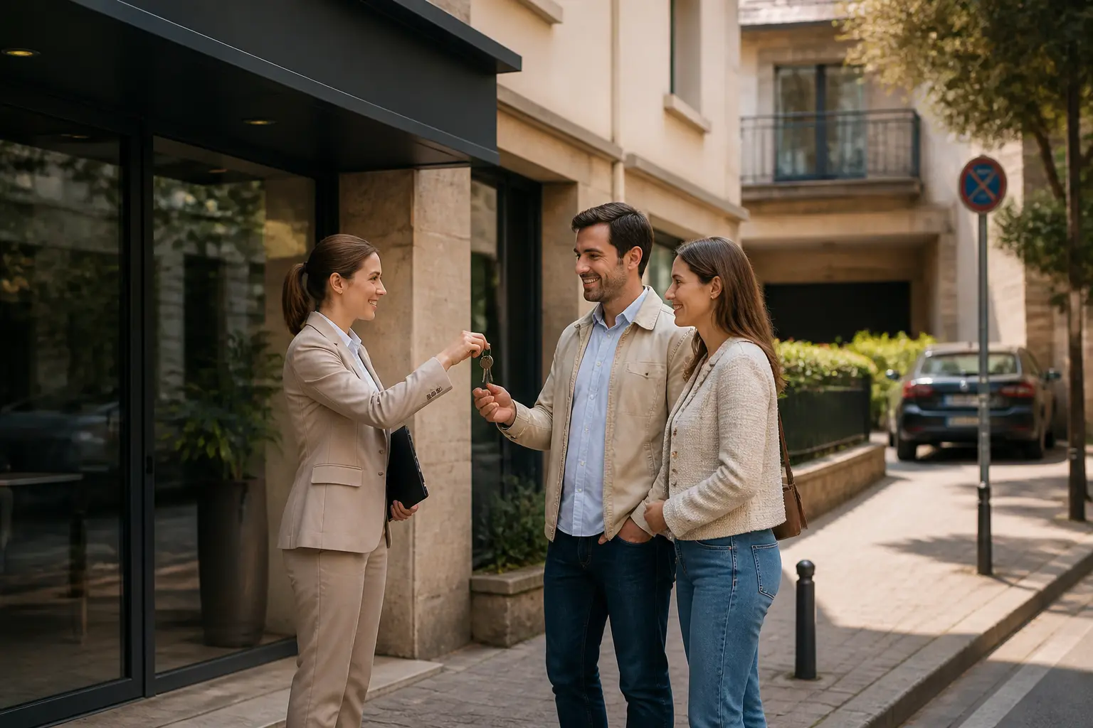 Couple recevant des clés d'une maison par un agent immobilier à Saint-Genis-Laval, conseil or immobilier en action.