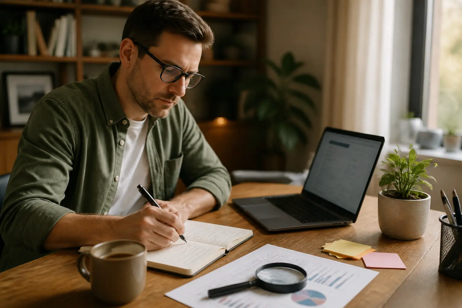 Rédacteur concentré dans un bureau chaleureux, harmonie de couleurs et objets naturels, créant un environnement propice à l'écriture.