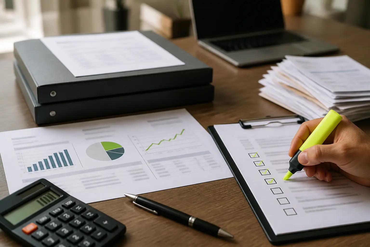 Bureau moderne avec tableau de bord KPI, calculatrice et documents, illustrant le courrier norme afnor et la rigueur financière.
