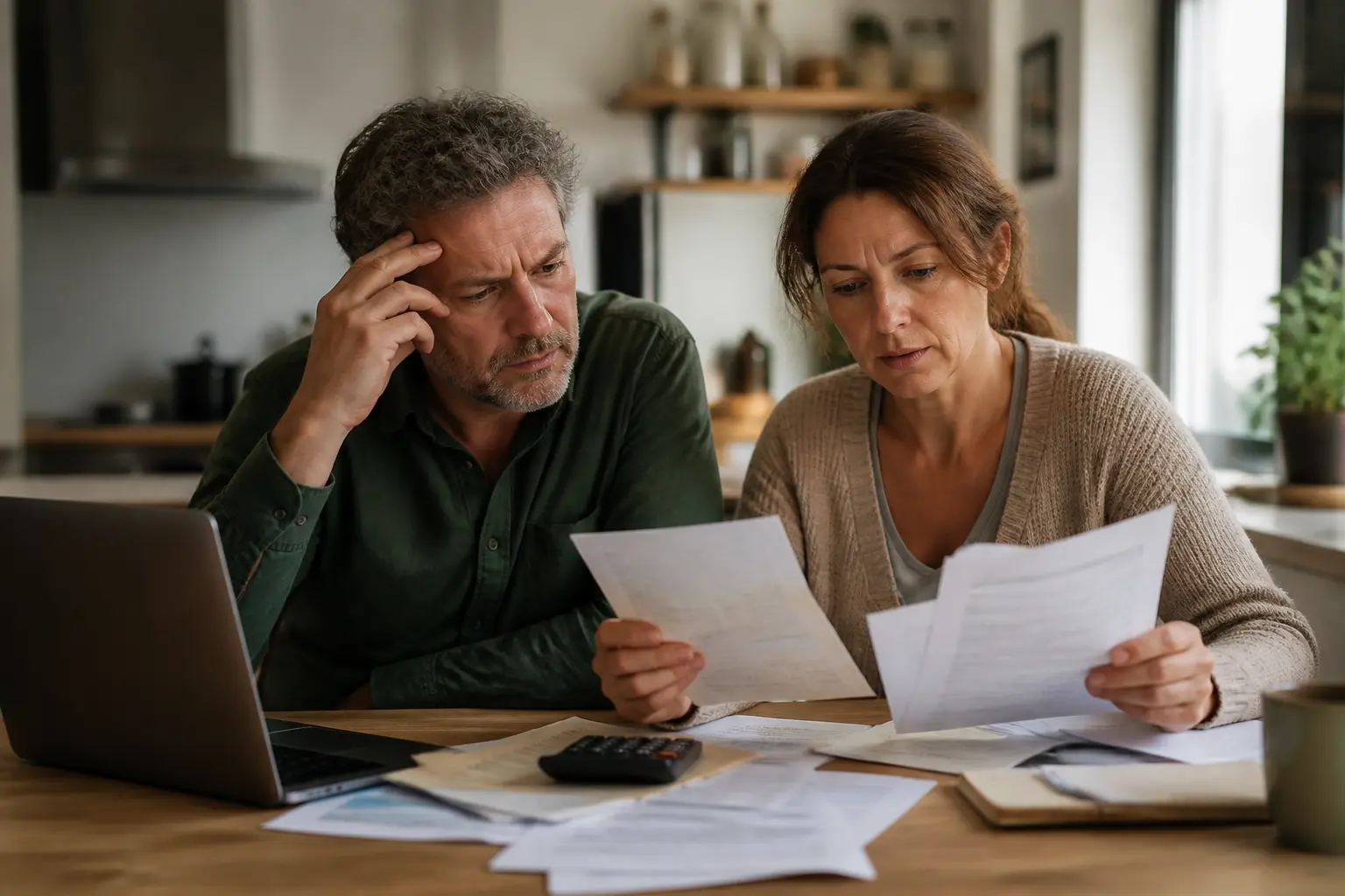 Couple français inquiet à table, factures et documents fiscaux, illustrant le credit d impôt supprimé en 2025-2026