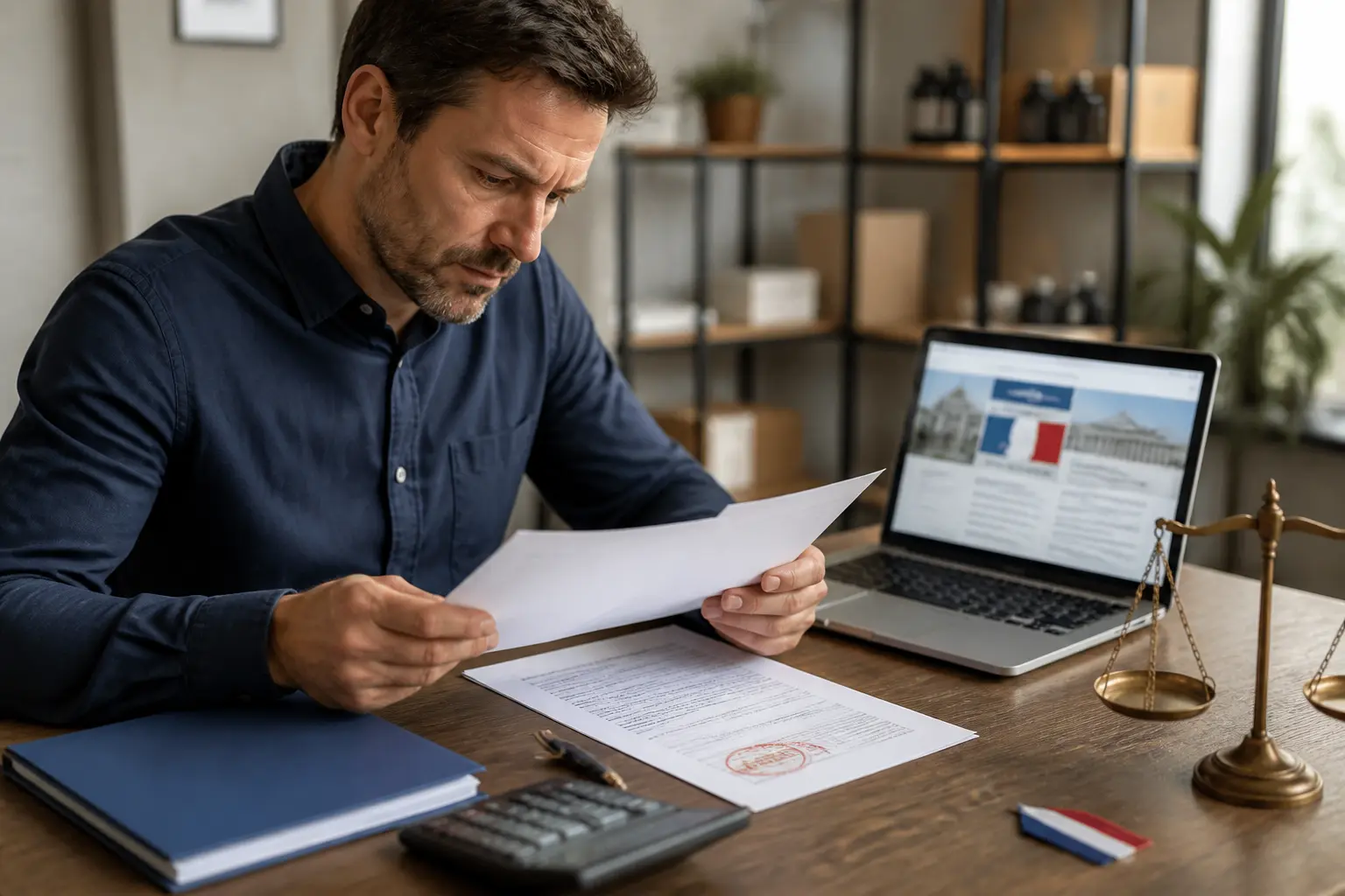 Petit entrepreneur français examinant des documents dans un bureau moderne, illustrant la d.g.c.c.r.f definition et la conformité.