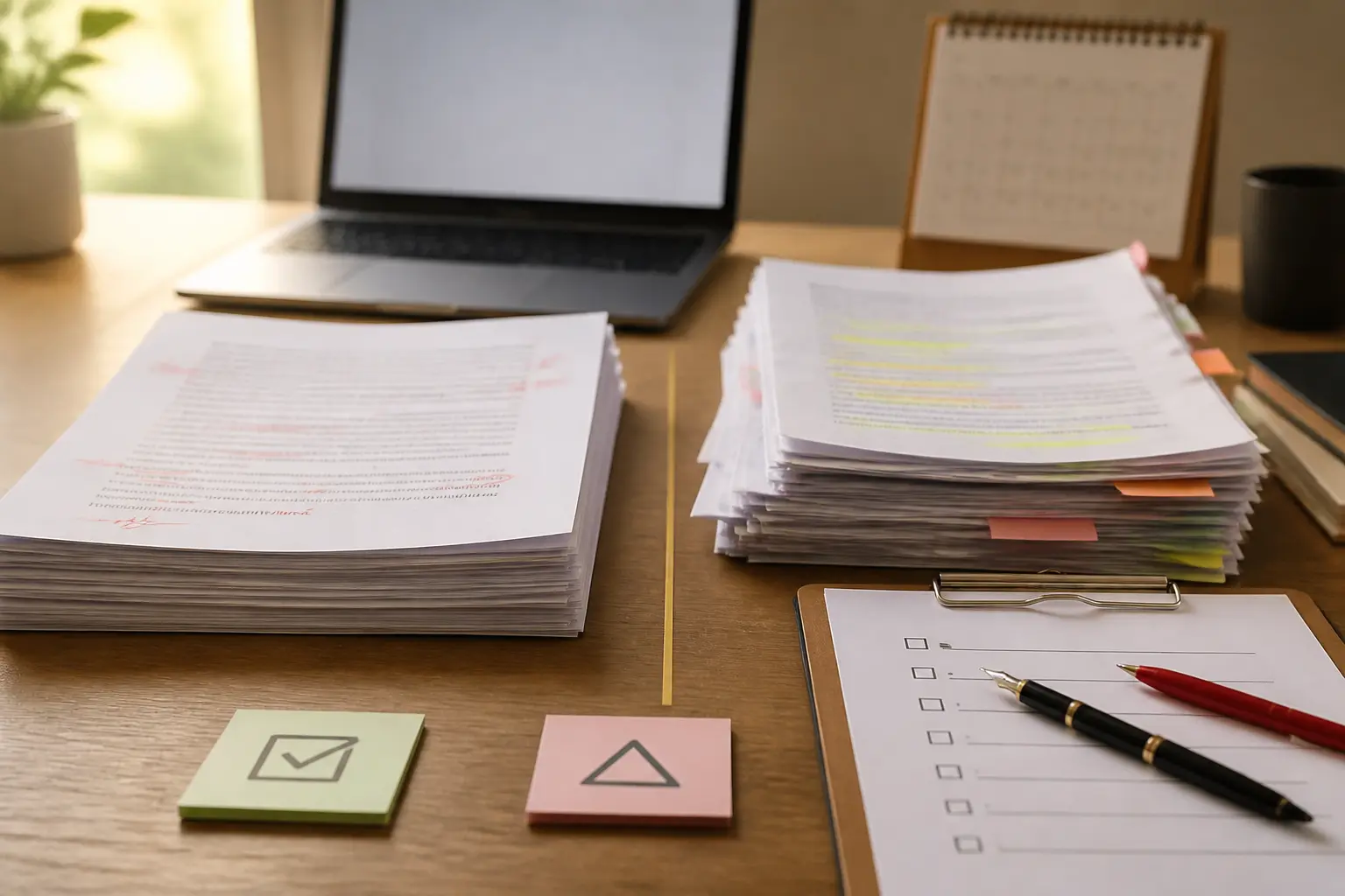 Bureau français avec manuscrit corrigé, stylos croisés, et papiers contrastés illustrant la définition conflits éditoriaux.