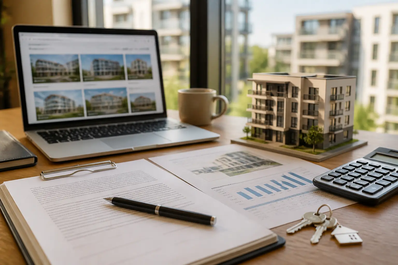 Bureau d'un professionnel de l'immobilier avec contrat, maquette d'immeuble et ordinateur sur le déstockage immobilier neuf.