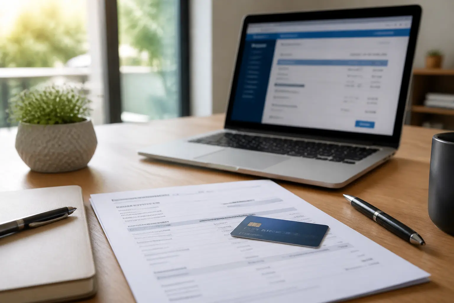 Domiciliation bancaire sur bureau moderne avec carte, RIB, ordinateur et documents financiers organisés.