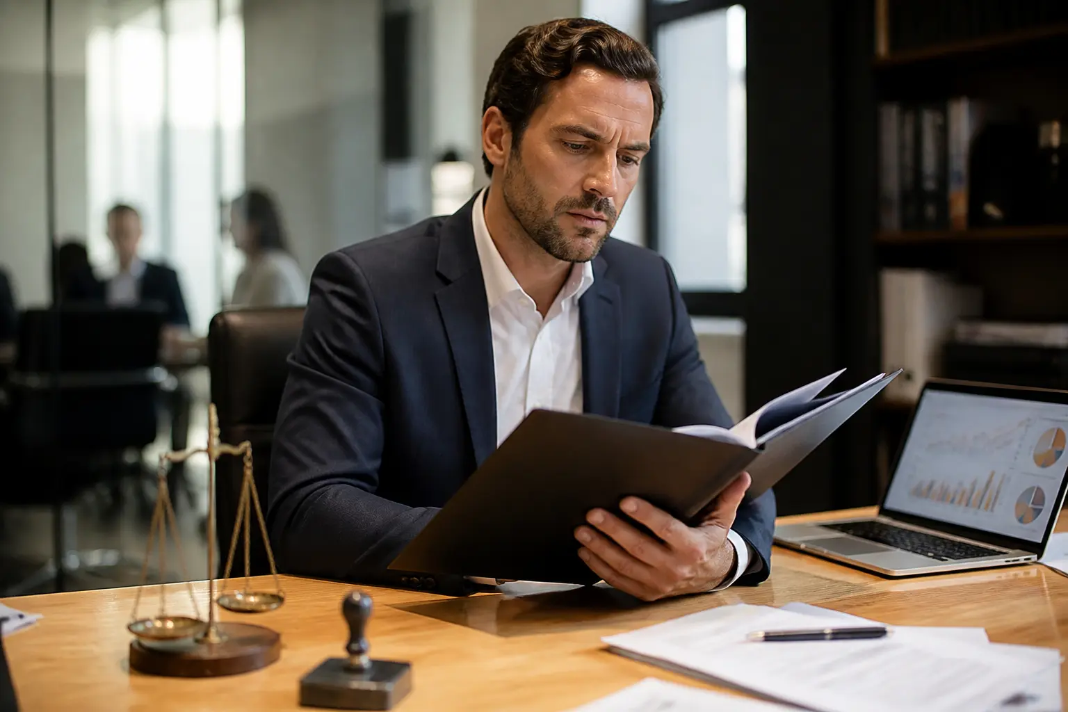 Entrepreneur en bureau analysant un contrat, illustrant le droit des affaires et la gestion des risques juridiques