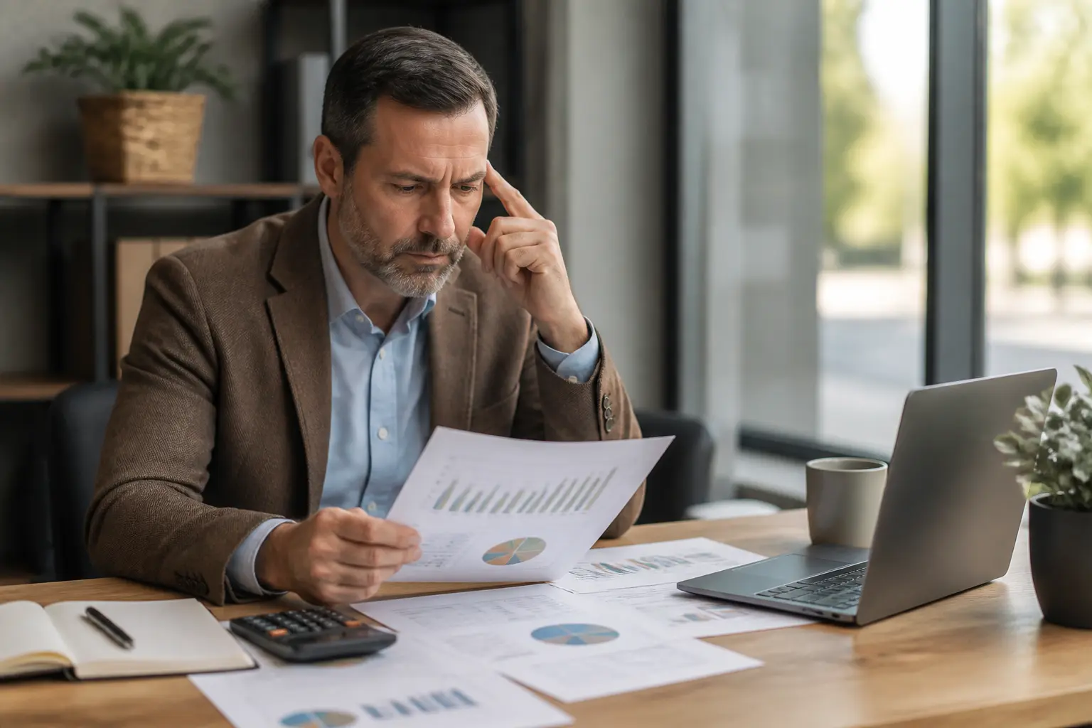 Manager PME analysant un rapport financier avec calculatrice et laptop, focus sur l'ebe et la rentabilité opérationnelle