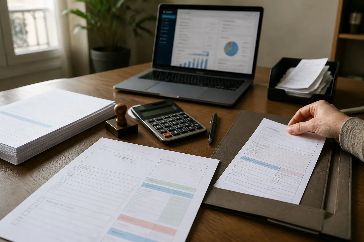 Bureau moderne avec un ordinateur, des documents de facture proforma exemple et un reçu d'avance dans une ambiance professionnelle.