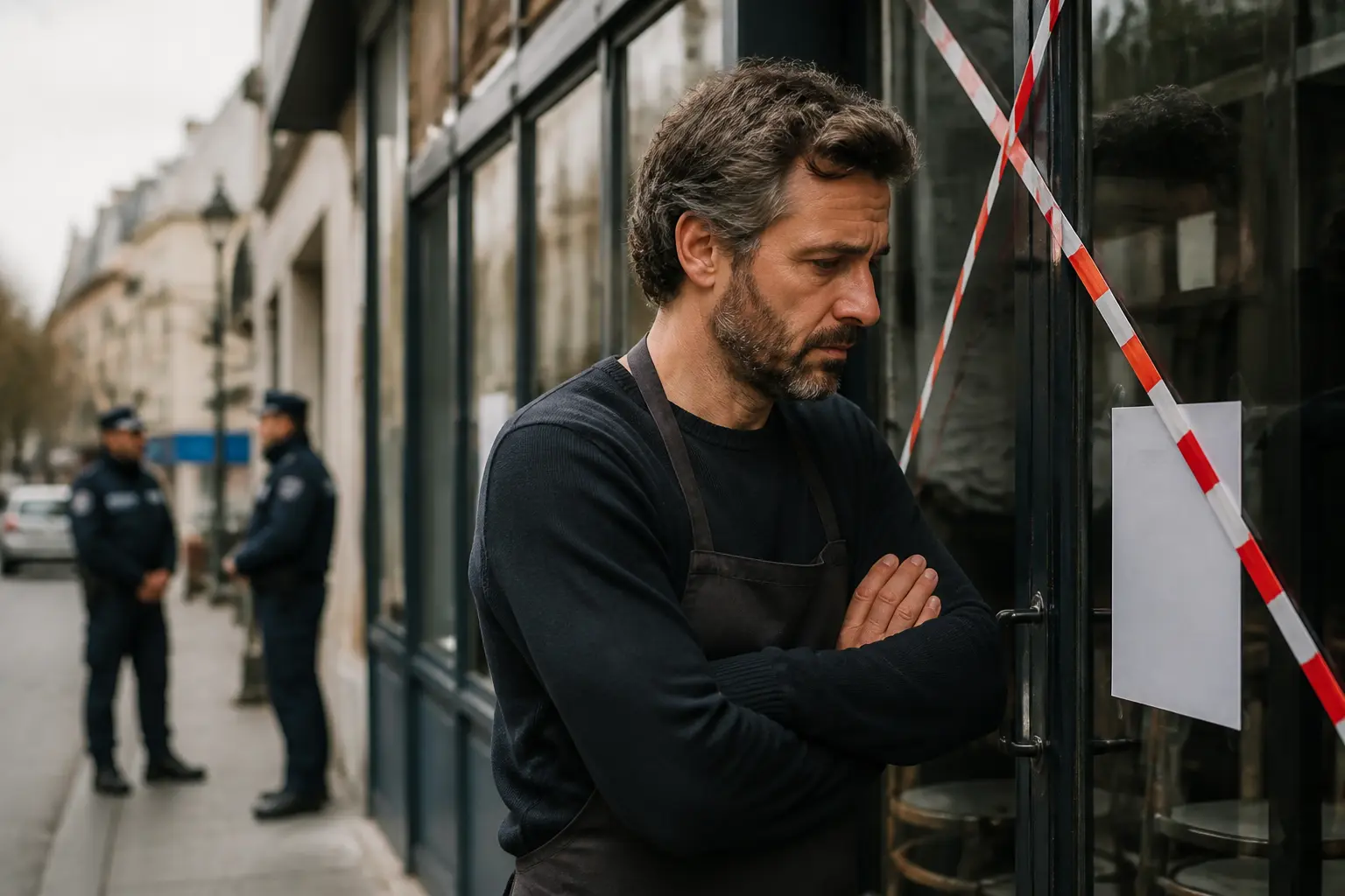 Fermeture administrative d’un restaurant en France, propriétaire inquiet devant la porte close et avis officiel affiché.