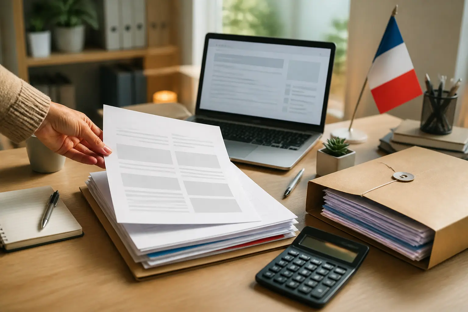 Bureau moderne avec une fiche d identité d entreprise, documents administratifs, ordinateur et ambiance professionnelle chaleureuse.