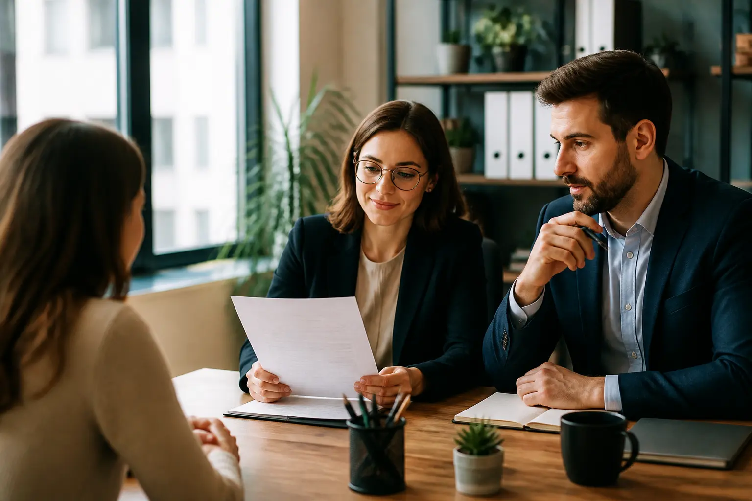 Manager et RH examinent une fiche de poste avec un candidat dans un bureau moderne, ambiance recrutement et organisation