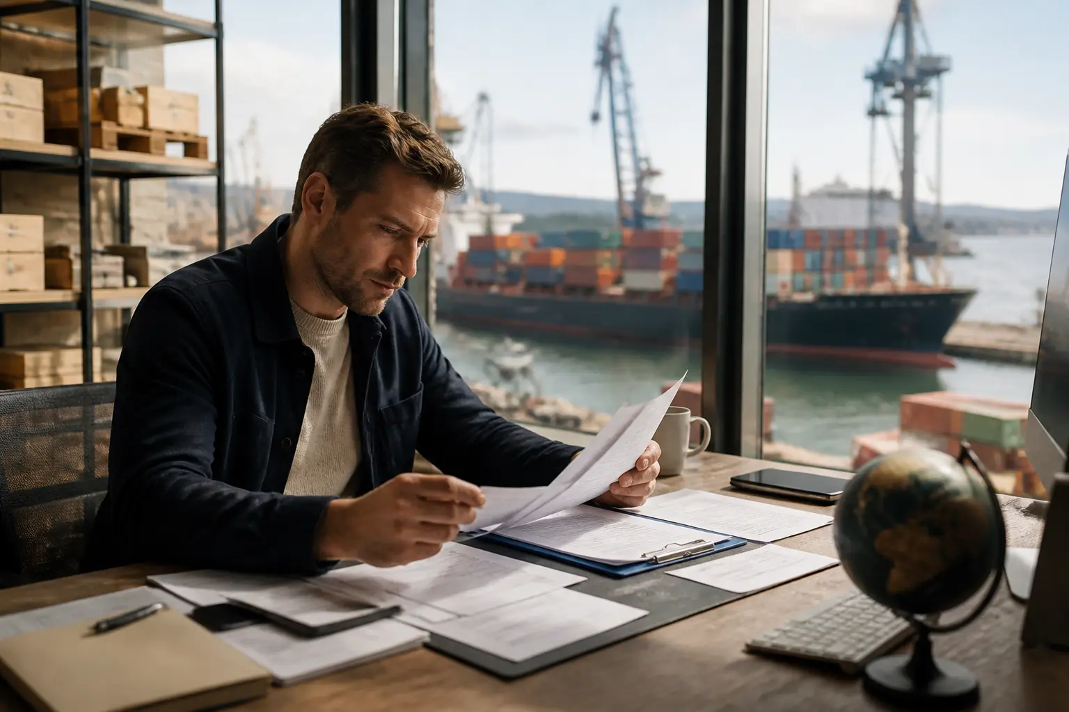 Gestionnaire export examinant un incoterm dans un bureau portuaire, navire et conteneurs visibles au loin