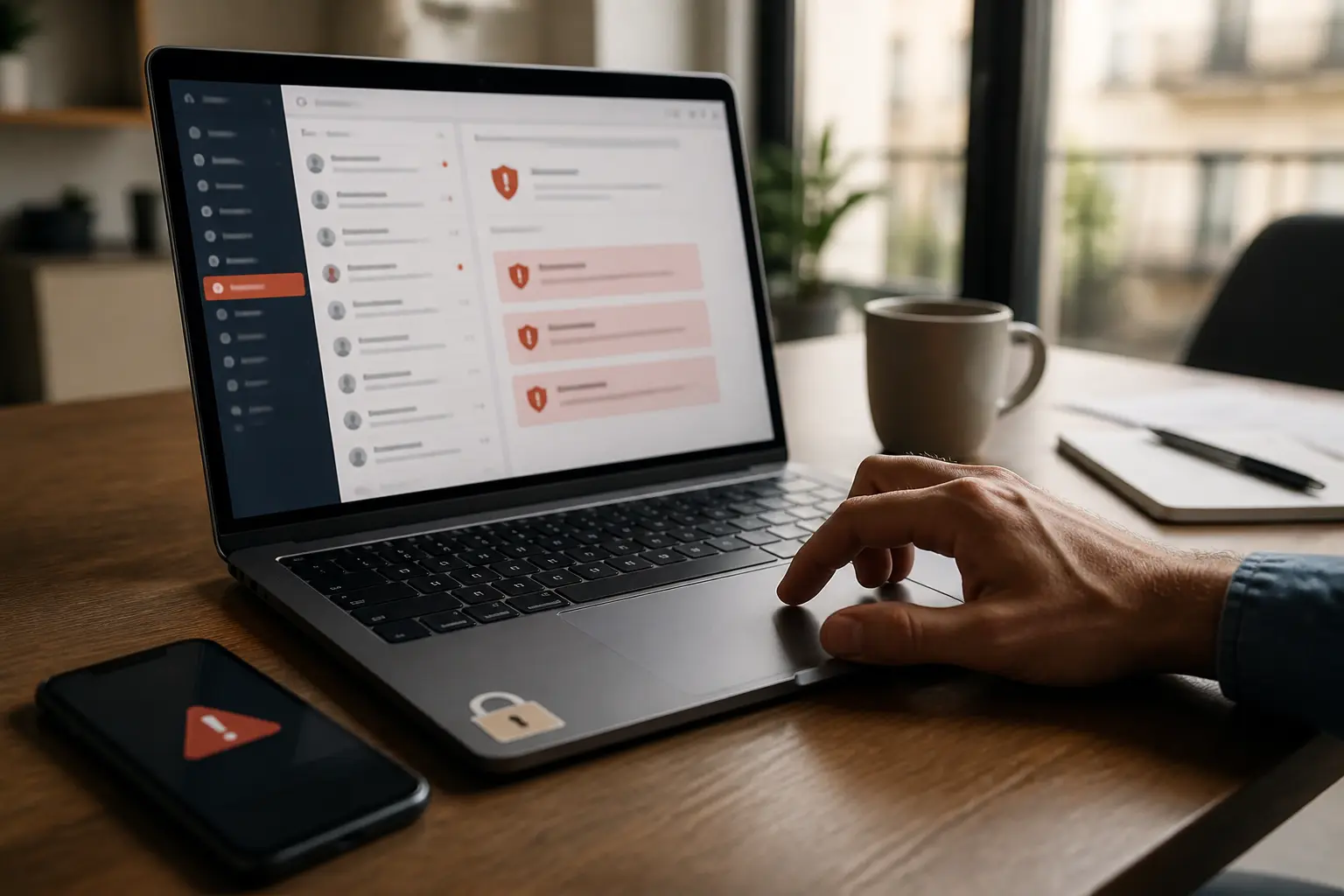 Bureau moderne avec un laptop affichant un dossier de junk mail, un smartphone d'avertissement et une main hésitante.