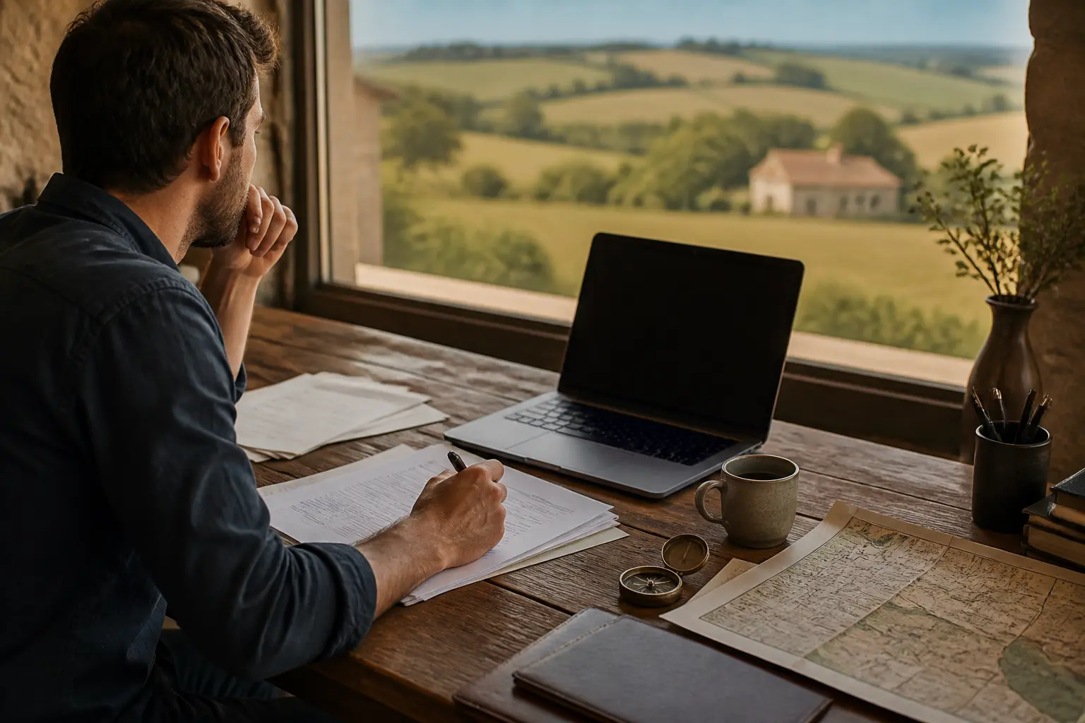 Un écrivain à un bureau rustique rédige sur les pièges des baux ruraux, entouré de documents et d'un paysage rural lumineux.